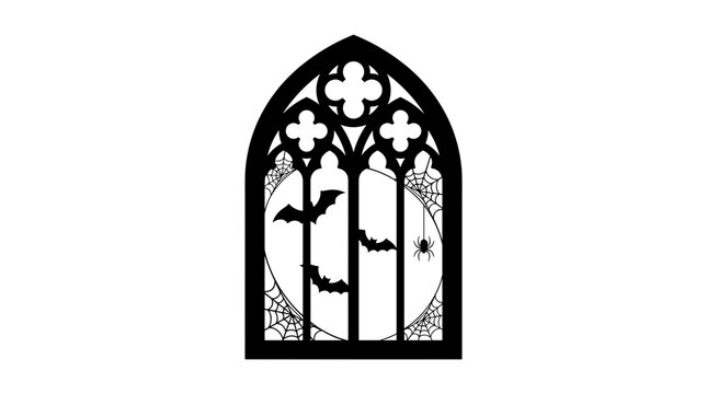 Gothic cathedral window silhouette with bats, spider, and cobwebs