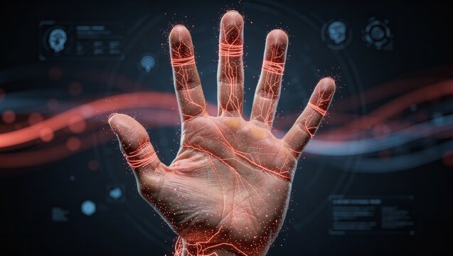 Human hand with glowing circuit lines and medical interface creating futuristic biometric scan digital health artificial intelligence cybernetics advanced technology innovation and security concept