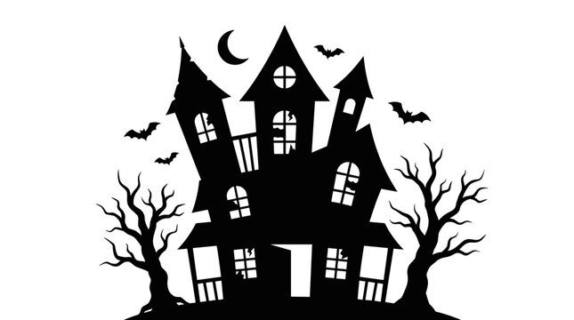 Silhouette of a spooky haunted house with bats and a crescent moon