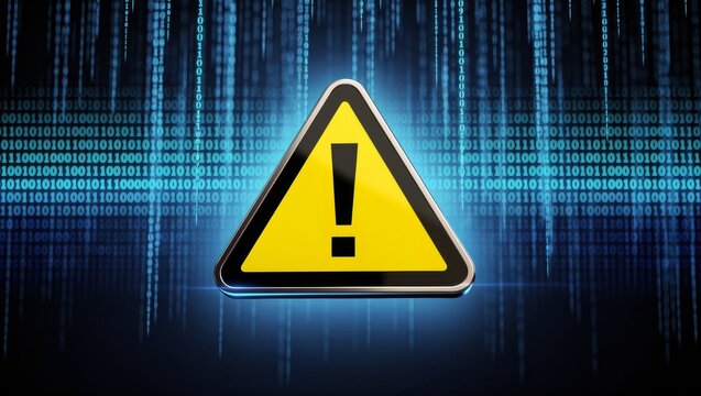 Yellow warning sign with exclamation mark over digital binary background creating cyber security alert system error danger malware protection data risks and technology safety concept illustration