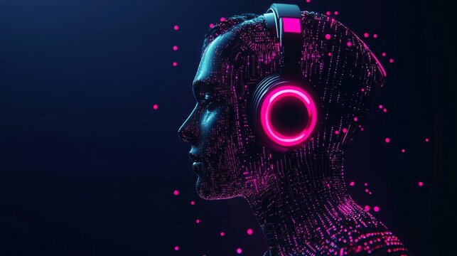 Neon digital human head wearing headphones with glowing circuit patterns creating artificial intelligence music technology virtual assistant audio data network and futuristic cyber lifestyle concept
