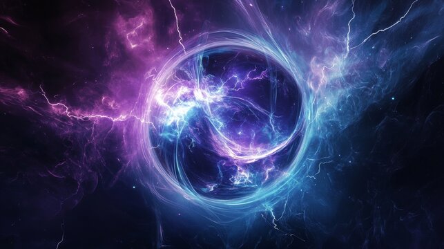 Glowing futuristic planet with electric rings in deep space creating cosmic energy science fiction universe background with orbital motion plasma storm astronomy mysterious galaxy atmosphere design