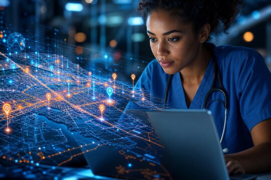 African American Healthcare Worker Using Laptop with Futuristic Baltimore Big Data Map Visualization.