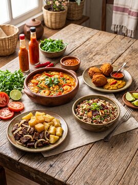 A spread of delicious Brazilian moqueca, caruru, vatap&aacute;, and acaraj&eacute; tantalizes the taste buds, served on a rustic wooden table with vibrant garnishes.