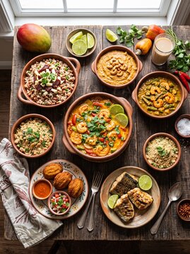 A vibrant and diverse spread of Brazilian cuisine, featuring moqueca, acaraj&eacute;, and various rice and bean dishes, is beautifully arranged on a rustic wooden table.