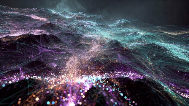 Glowing digital mountain landscape with luminous data particles and flowing network lines creating abstract technology terrain artificial intelligence visualization and futuristic science background