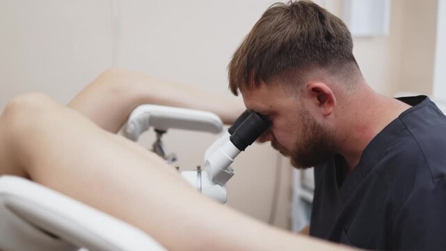 Specialist performing a cervical examination with a colposcope in a gynecology clinic. Concept women's healthcare, gynecological care, early diagnosis, preventive medicine, modern healthcare.