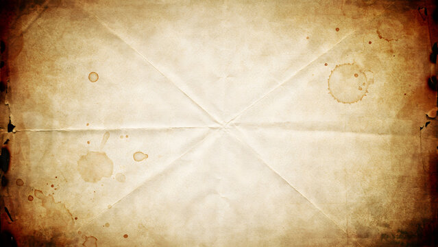 Vintage aged paper texture with coffee stains, folded creases, and dark burnt edges, a historical document or antique background