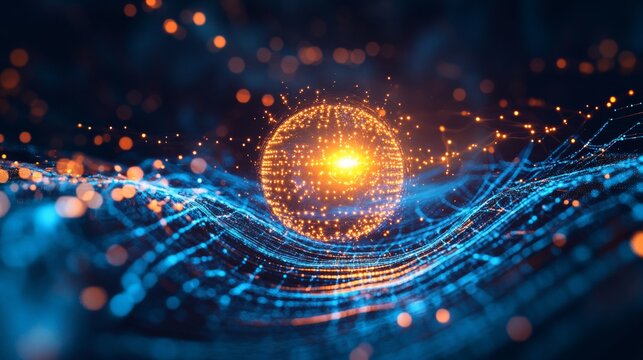 Glowing golden sphere floating above blue digital data waves with orange particles creating abstract technology network artificial intelligence energy flow and futuristic cyber innovation background