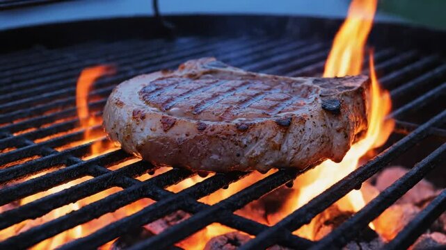 Close up of a delicious pork chop cooking on a fiery barbecue grill with flames
