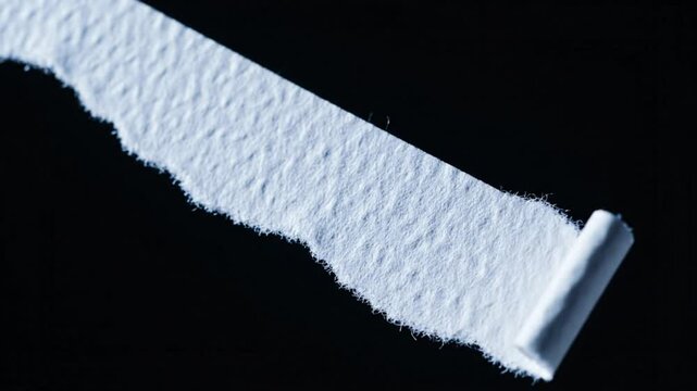 Close-up of a torn piece of white paper with a rough edge against a black background, artistic minimalism.