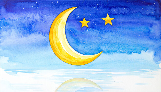 水彩で描かれた夜空の三日月と星の背景素材　青いグラデーションと星空に浮かぶ月と水面の反射が美しいコピースペース付きイラスト　おやすみや睡眠をイメージするWebバナーやSNS投稿のテンプレート　幻想的な夜の風景デザイン