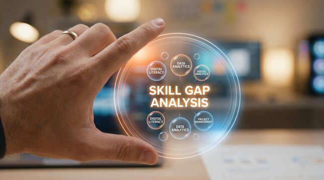 Professional interacting with a digital interface showing "Skill Gap Analysis," a crucial step in strategic workforce development and talent optimization