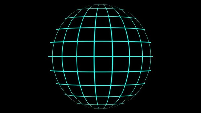 3D glowing blue wireframe sphere globe rotating seamless loop animation on black background. 4K animated globe wireframe for global network, news intro, technology, presentation, and motion graphics.