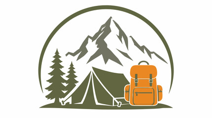 Camping tent and backpack in mountain landscape badge. © arifahayu97