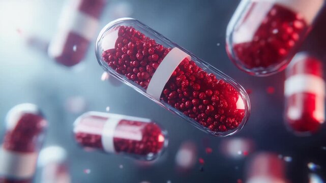 Transparent medical capsule floating with red particles inside surrounded by futuristic pharma elements on abstract healthcare technology background advanced medicine biotechnology treatment research