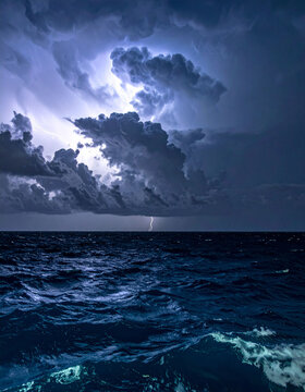 夜の海に光る激しい雷と雷鳴が響く暗雲　荒れた波と稲妻が写る自然の脅威と力強さを表現した風景写真　Webサイトのヘッダーやプレゼンテーションの背景に使用可能な迫力ある気象現象の素材