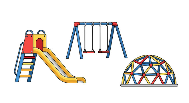 Colorful playground set featuring a slide swing and climbing dome in a vibrant clipart style for kids recreational activities