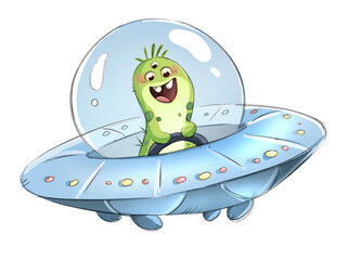 Extraterrestre volando con una nave espacial, dibujo aislado © cirodelia