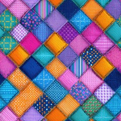 Fototapeta premium Seamless patchwork fabric background featuring multicolored quilt blocks arranged diagonally with mixed patterns including stripes, dots, and gingham in a vibrant handmade textile design