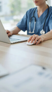 A doctor in blue scrubs with a stethoscope around their neck uses a computer mouse and laptop while working at a desk in a medical office space