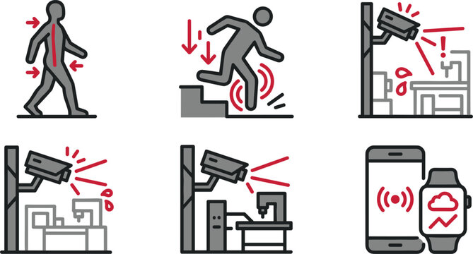 Industrial Smart Factory Safety and Surveillance Icon Set Featuring AI Camera Monitoring Wearable Alerts and Accident Prevention Vectors