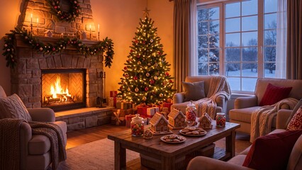 Obraz premium Cozy Christmas living room interior with decorated Christmas tree, glowing fireplace, warm string lights and wrapped gift boxes, festive winter holiday home atmosphere