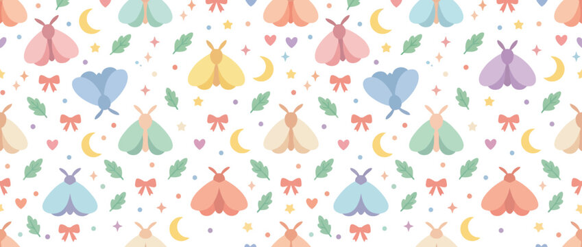 Cute Pastel Moth Seamless Pattern with Moon, Stars, Hearts, Leaves, and Bows