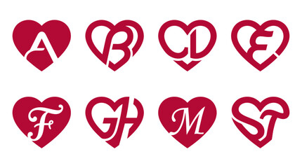 Pink heart monogram icons with alphabet letters. © perkasa99