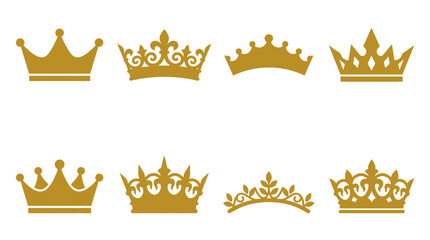 Collection of eight gold tiara and crown silhouette icons. © perkasa99