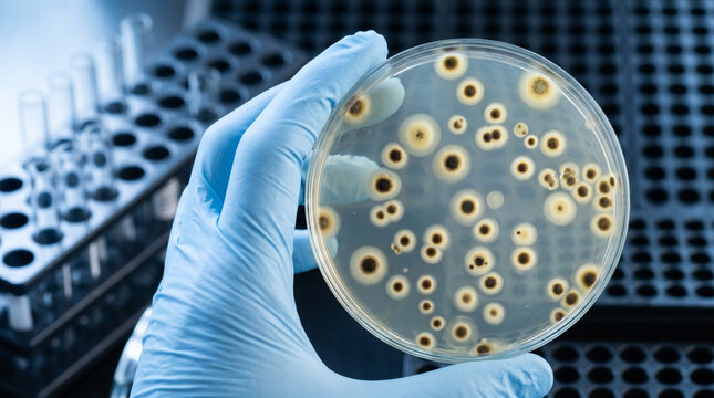 Scientist Holding Petri Dish with Bacterial Colonies for Microbiology Research and Laboratory Analysis
