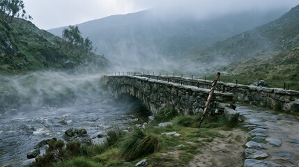 Obraz premium Foggy stone footbridge crossing a highland stream in overcast light