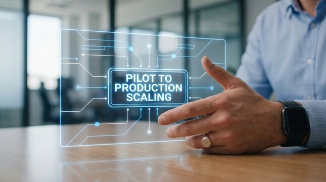 Executive Interacting with Holographic 'Pilot to Production Scaling' Interface, Symbolizing Business Growth and Digital Transformation Strategy in a Modern Office Environment