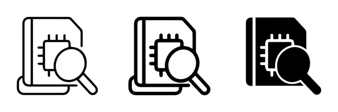 Microchip Inspection Icons, Technology Research Symbols, Digital Analysis Graphics