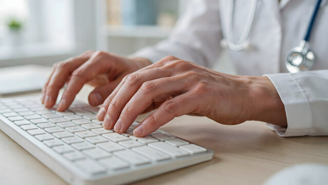 A doctor wearing a white lab coat and stethoscope types on a white computer keyboard while sitting at a desk in a bright medical office setting