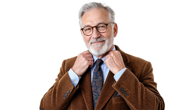 Confident Smiling Senior Businessman in Brown Corduroy Jacket and Tie Isolated on Transparent Background