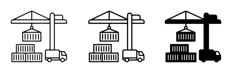 Fototapeta premium Container Crane Icons, Shipping Logistics, Cargo Transport, Port Operations, Industrial Vector Set