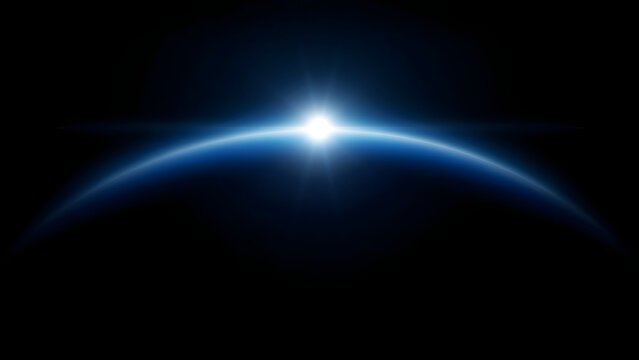 A glowing blue light flare emanating from the horizon of a dark planet, creating a bright starburst effect against the deep black space void