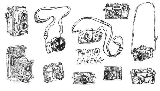 Hand-drawn photo camera doodles vector set.
