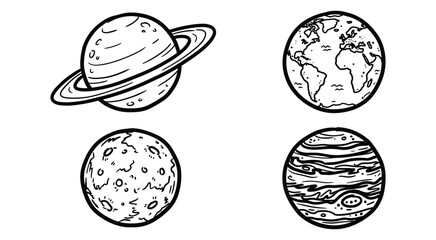 Solar System Planets Doodle Style Set featuring Ringed Planet, Earth, Cratered Moon, and Gas Giant Hand Drawn Vector Line Art Illustrations © Muhammad