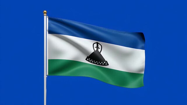 Lesotho flag waving proudly against a plain blue screen background, symbolizing national pride and identity in smooth motion