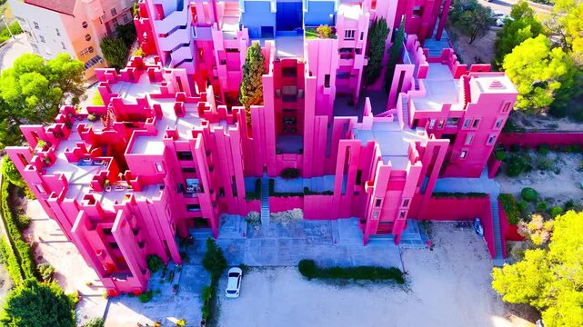 facade perspective drone modern architecture apartment pink red rooftop squid villa house game