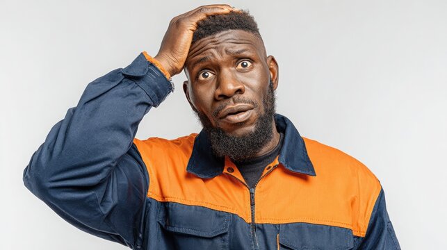 Dark-skinned man in orange and blue workwear, expressing confusion and surprise, with a neutral background, capturing an emotional moment of realization and thought