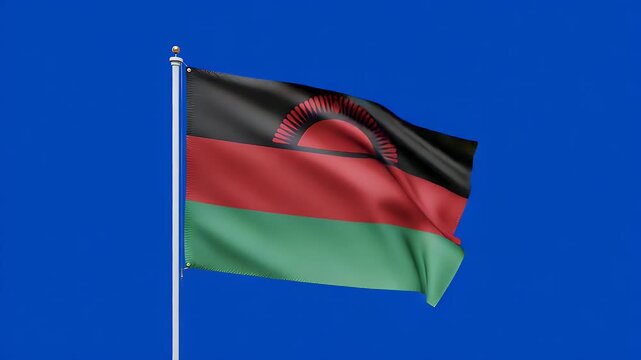 Malawi flag waving proudly against a plain blue screen background, symbolizing national pride and patriotic spirit in steady video footage