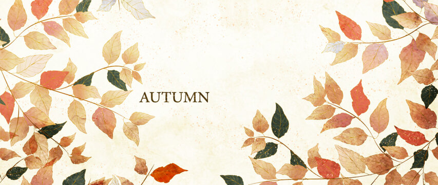 Autumn art background with colorful leaves on branches in a watercolor style. Botanical banner for wallpaper, prints, posters, packaging, covers, flyers, and decor.