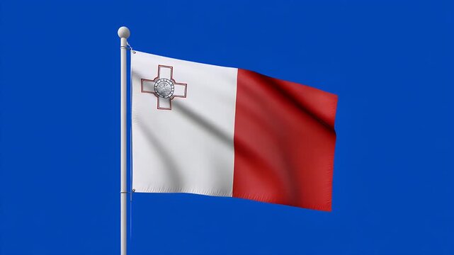 Malta's national flag waves proudly against a plain blue screen background, symbolizing patriotism, freedom, and national pride