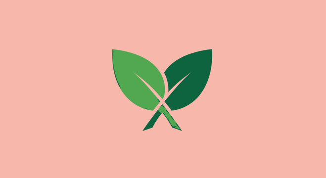 Two green leaves forming an X shape logo