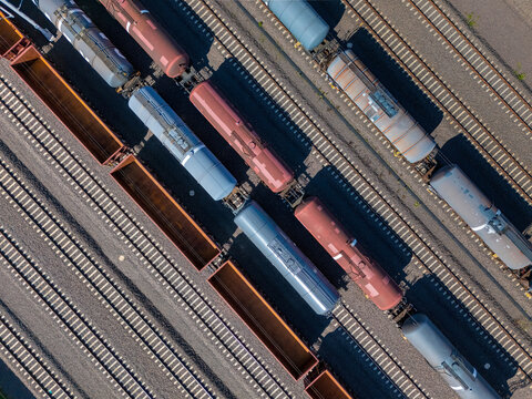 Aerial Top Down View of Freight Train Tanker Cars on Railway Tracks