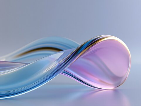 Abstract 3d render of a smooth flowing wave shape with iridescent glass texture, soft blue and purple gradient lighting, elegant fluid motion, minimalist modern background
