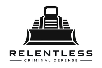 Front view bulldozer blade silhouette with relentless text logo. © brian